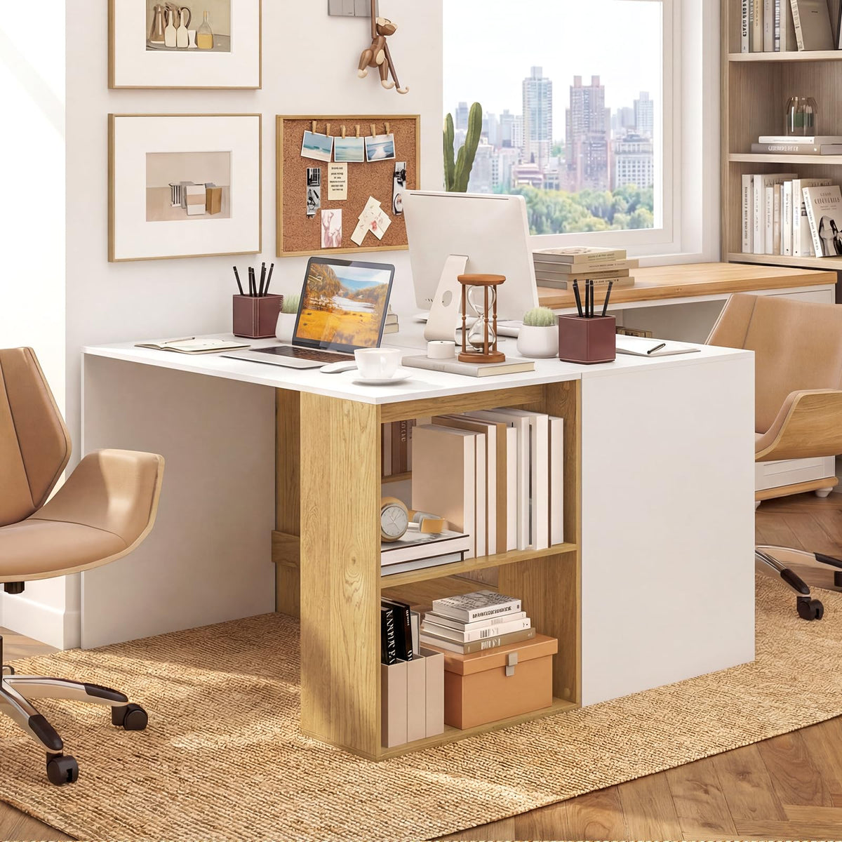 Computer Desk, 112cm Home Office Desk with 2-Tier Bookshelf