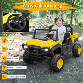 Licensed Caterpillar Ride On 4WD Dump Truck, 24V 2-Seater Kids Electric Vehicle with Remote Control, 4 x 100W Motors, Soft Start & Spring Suspension, Kids UTV with Dump Bed for 3+ Years Old