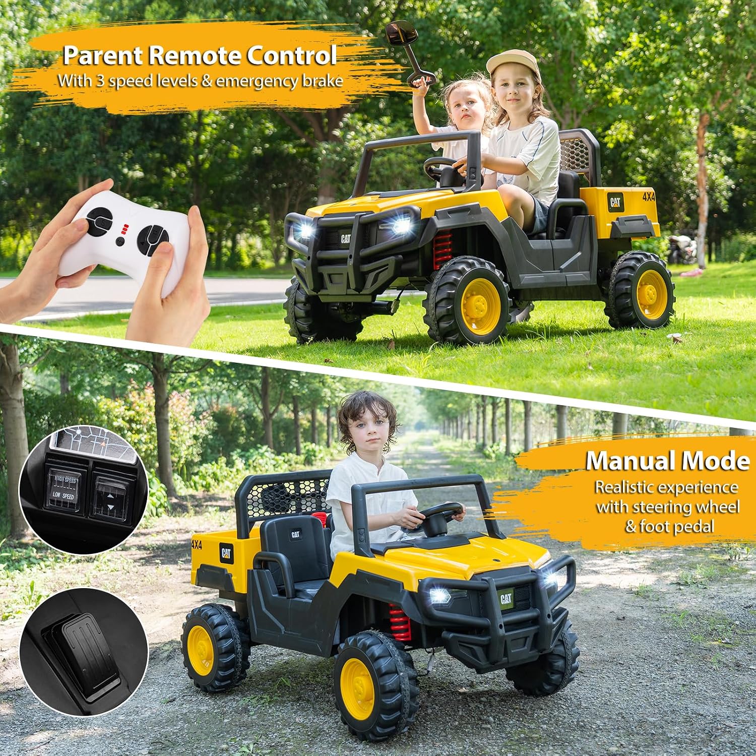 Licensed Caterpillar Ride On 4WD Dump Truck, 24V 2-Seater Kids Electric Vehicle with Remote Control, 4 x 100W Motors, Soft Start & Spring Suspension, Kids UTV with Dump Bed for 3+ Years Old
