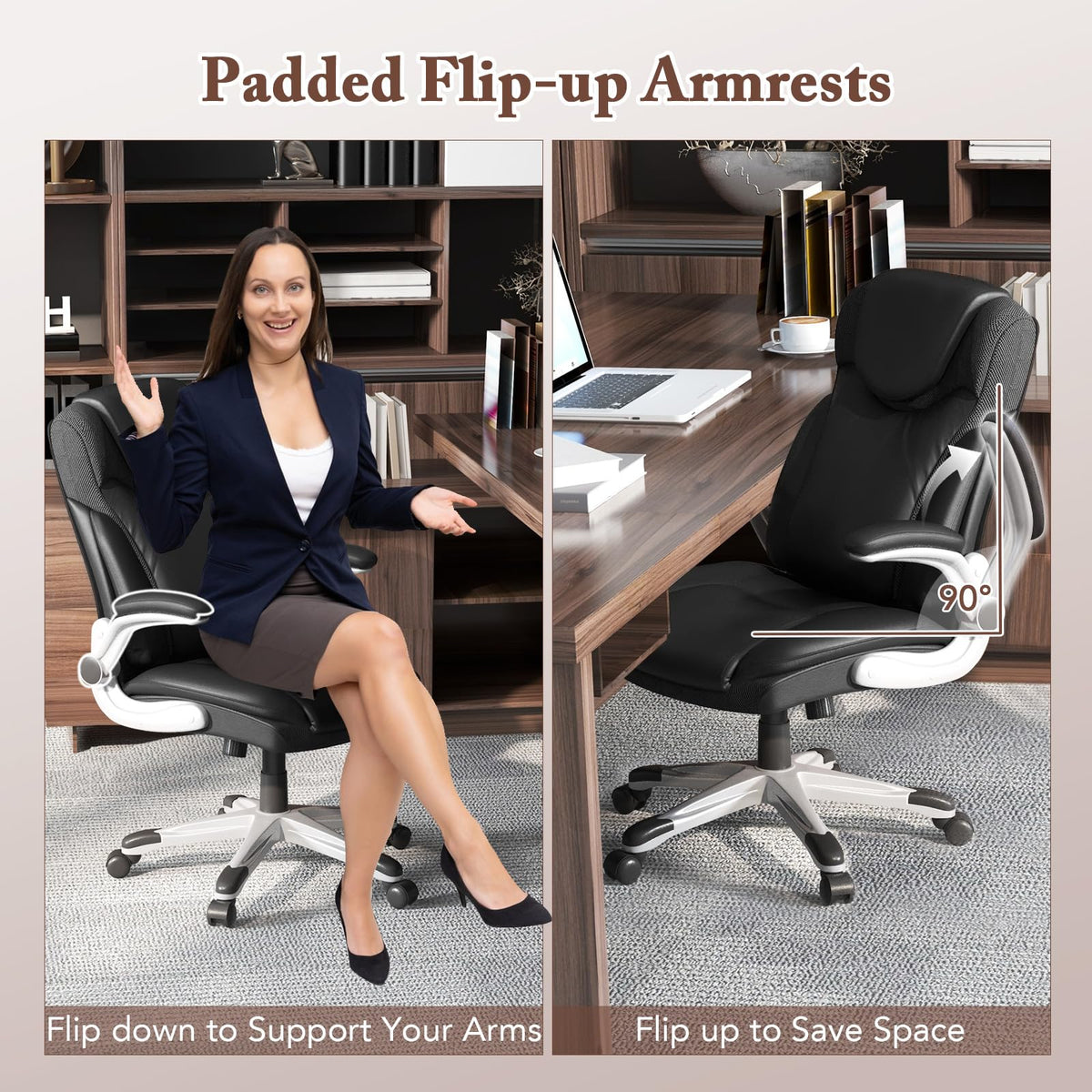 Executive Office Chair, PU Leather Ergonomic Desk Chair with Flip-up Armrests and Height Adjustable