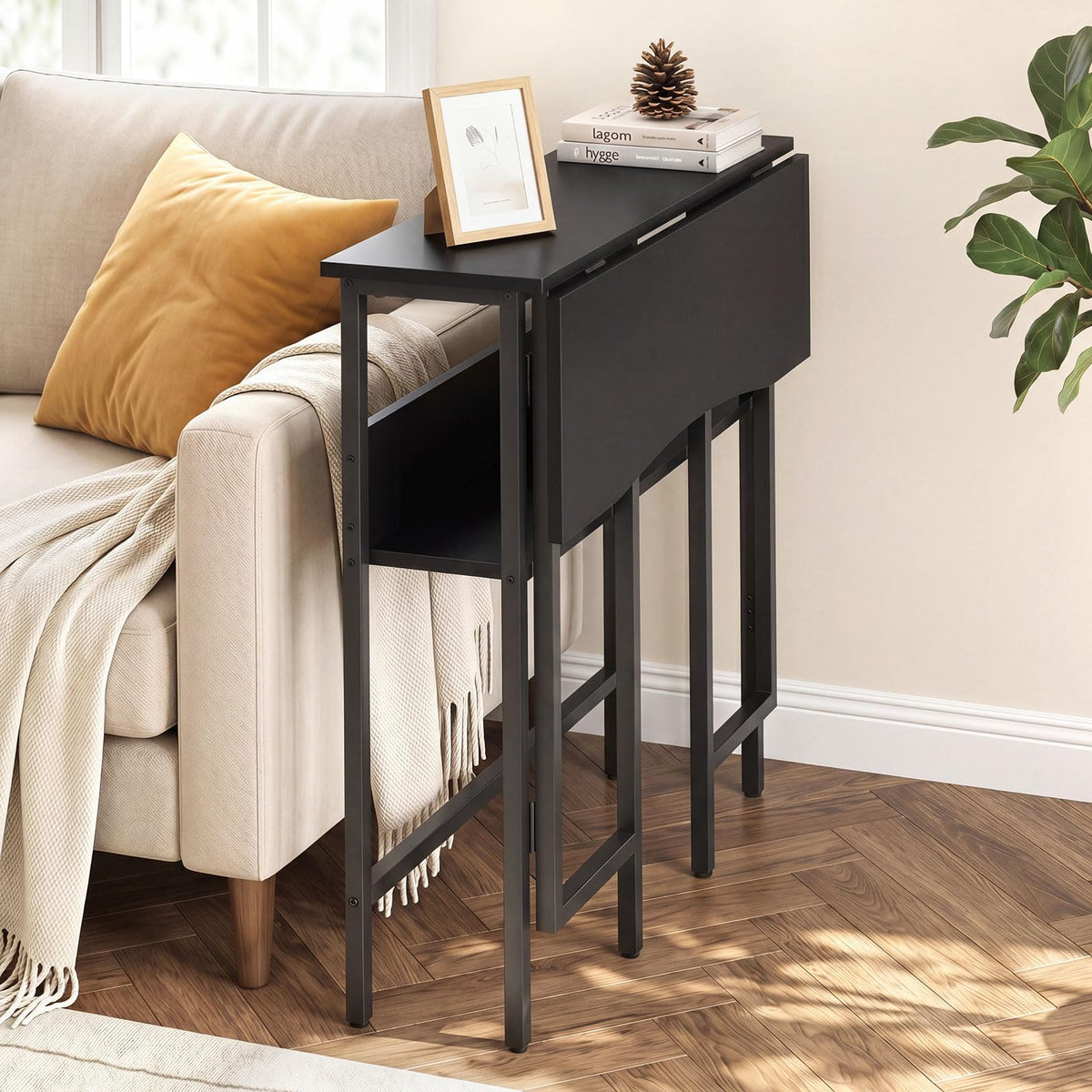 Small Folding Desk, 80 CM Computer Desk w/ Storage Shelf, Drop Leaf, & Metal Legs