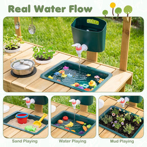 Kids Mud Kitchen, Wooden Play Kitchen with Planter Box, Stoves, Water Tank, Sink & 9 Accessories, Outdoor Pretend Kitchen Playset for Toddlers Aged 3+
