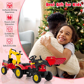 3 in1 Kids Ride On Excavator, Pedal car Bulldozer with 6 Wheels & Detachable Trailer