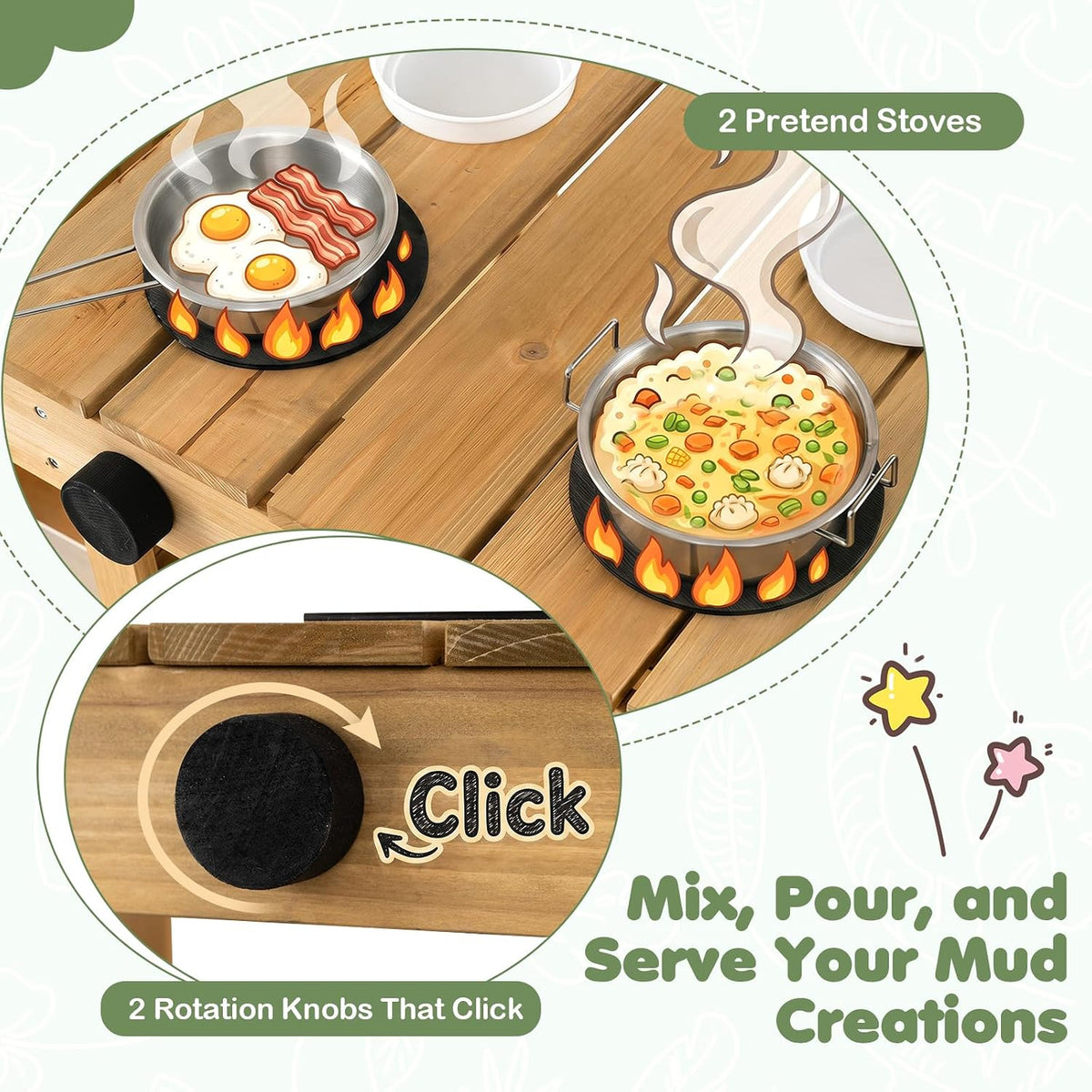 Kids Mud Kitchen, Wooden Play Kitchen with Planter Box, Stoves, Water Tank, Sink & 9 Accessories, Outdoor Pretend Kitchen Playset for Toddlers Aged 3+