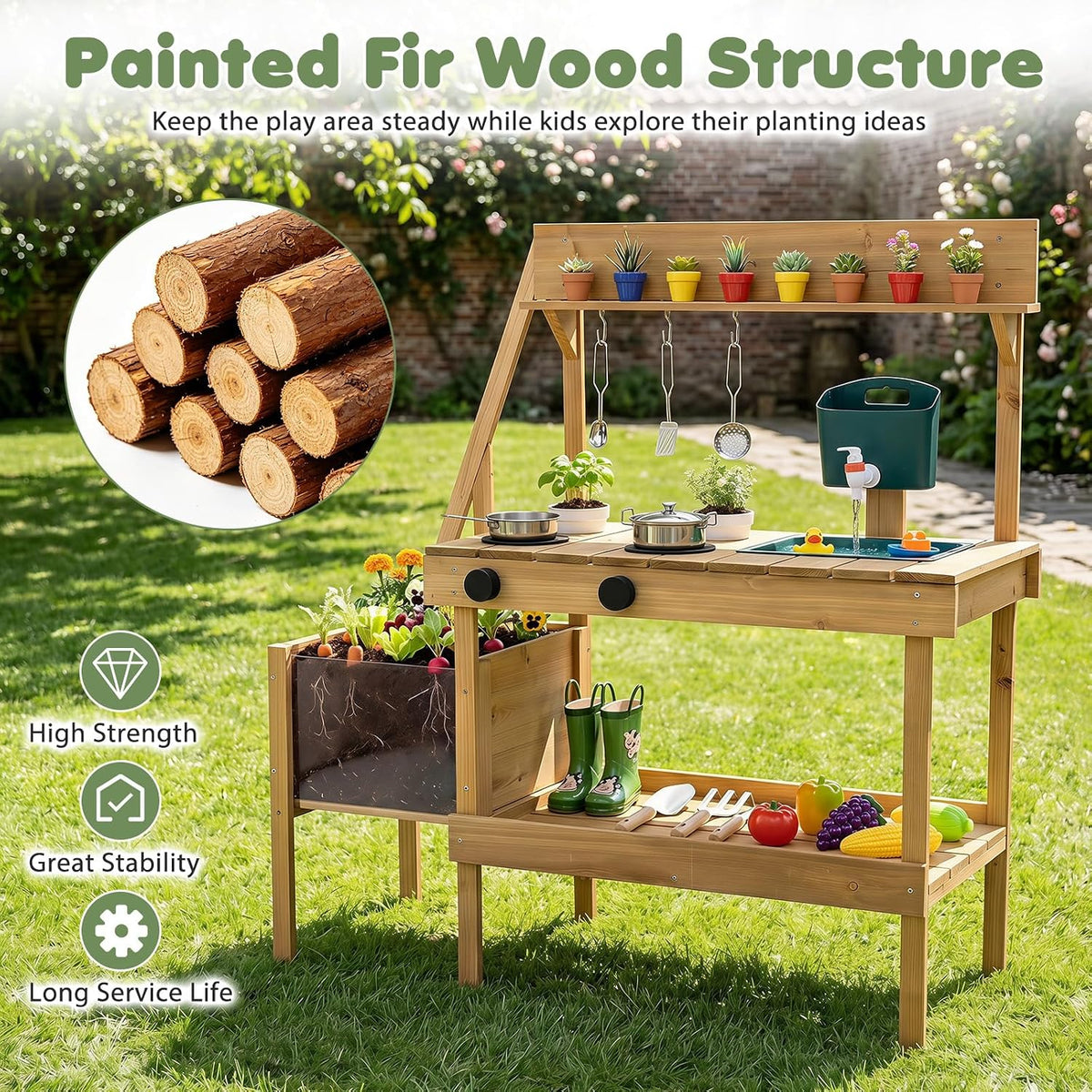 Kids Mud Kitchen, Wooden Play Kitchen with Planter Box, Stoves, Water Tank, Sink & 9 Accessories, Outdoor Pretend Kitchen Playset for Toddlers Aged 3+