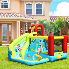 6 in 1 Inflatable Water Slide Water Park, Kids Jumping Castle Splash Pool w/Climbing Wall (with 450W Blower)