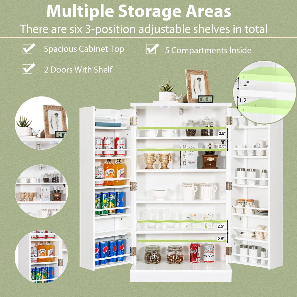 Kitchen Pantry Cabinet, Multifunctional Cupboard w/ 2 Doors & 17-Tier Shelves