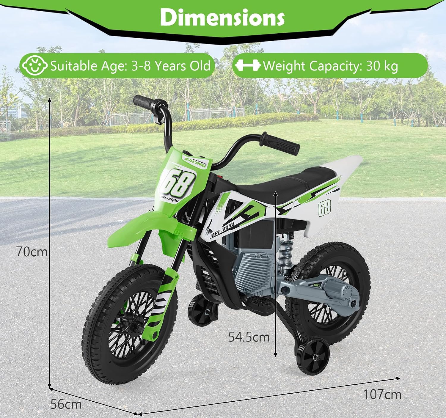 12V Kids Motorcycle, Electric Toddler Ride On Motorcycle with Detachable Training Wheels & Spring Suspension