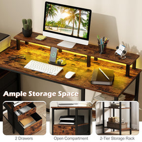 Reversible Office Desk with Charging Station and LED Light Strip