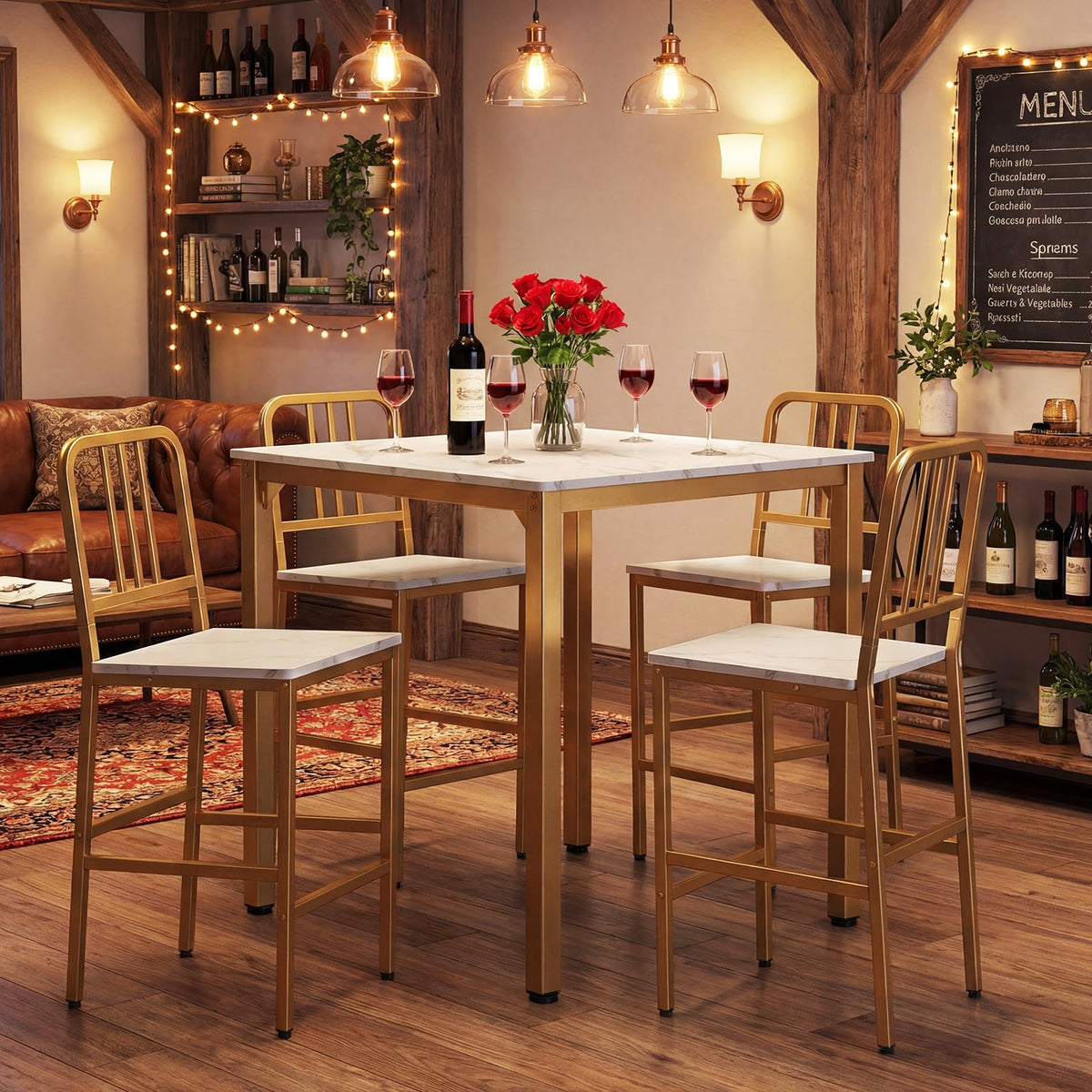 Counter Height Dining Table Set for 4, 5-Piece Kitchen Bar Table and Chairs Set with Faux Marble Surface
