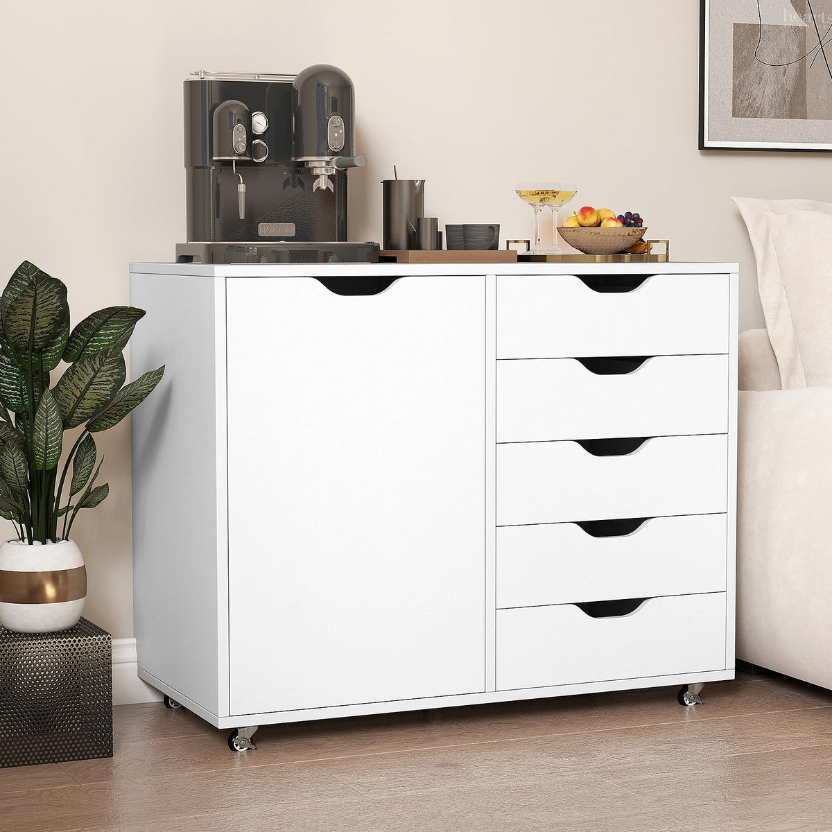 5-Drawer Chest with Door, Mobile File Cabinet with 5 Casters & Adjustable Shelf, Rolling Chest of Drawers Printer Stand