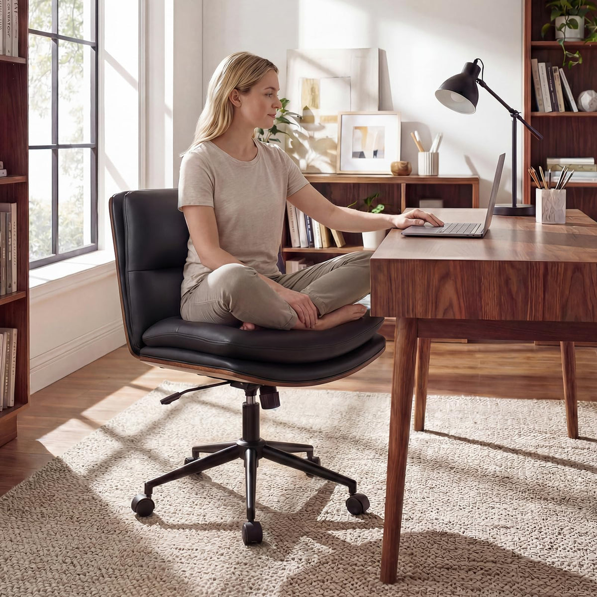 Vanity Office Chair with Wheels, Height Adjustable Swivel Task Chair w/ Curved Backrest & Padded Seat
