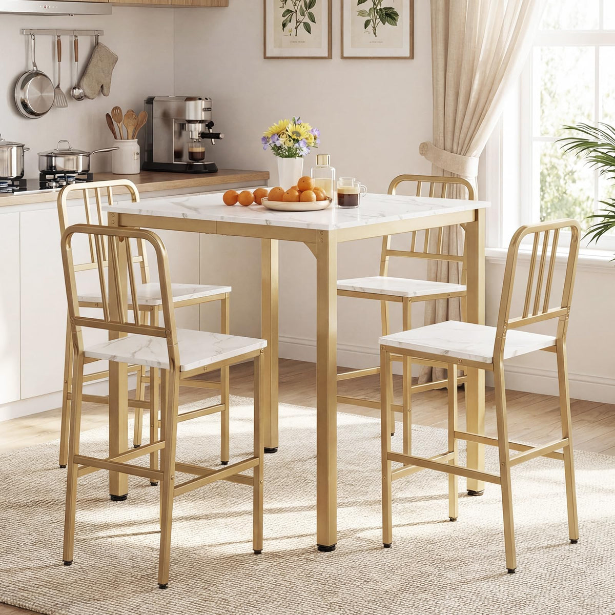 Counter Height Dining Table Set for 4, 5-Piece Kitchen Bar Table and Chairs Set with Faux Marble Surface