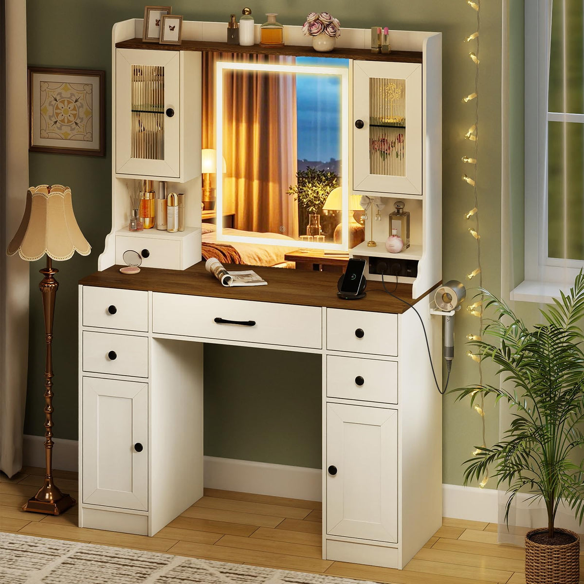 Vanity Desk with Mirror and Lights, Modern Dressing Table with Charging Station