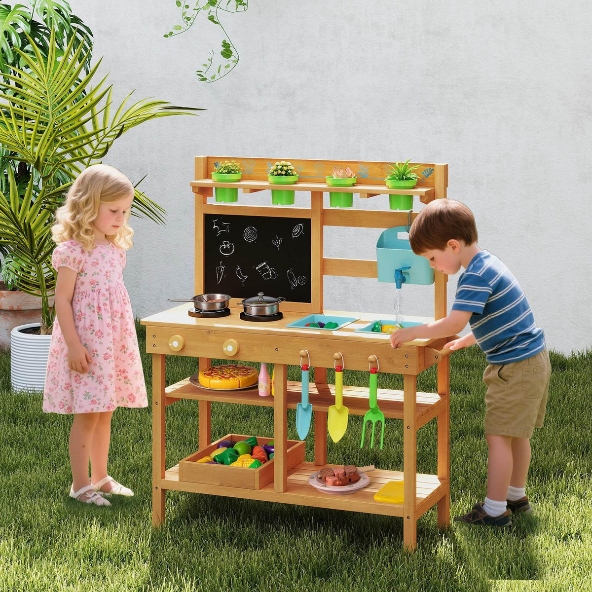 Mud Kitchen for Kids, Toddler Wooden Pretend Play Kitchen Playset with Faucet