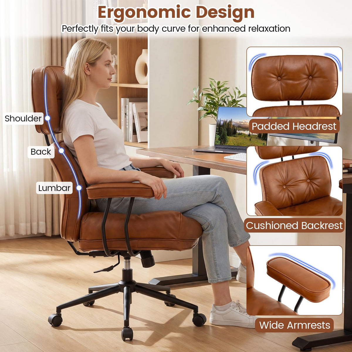 Ergonomic Home Office Chair, Mid Century Modern Computer Desk Chair w/ Wide Tufted Seat