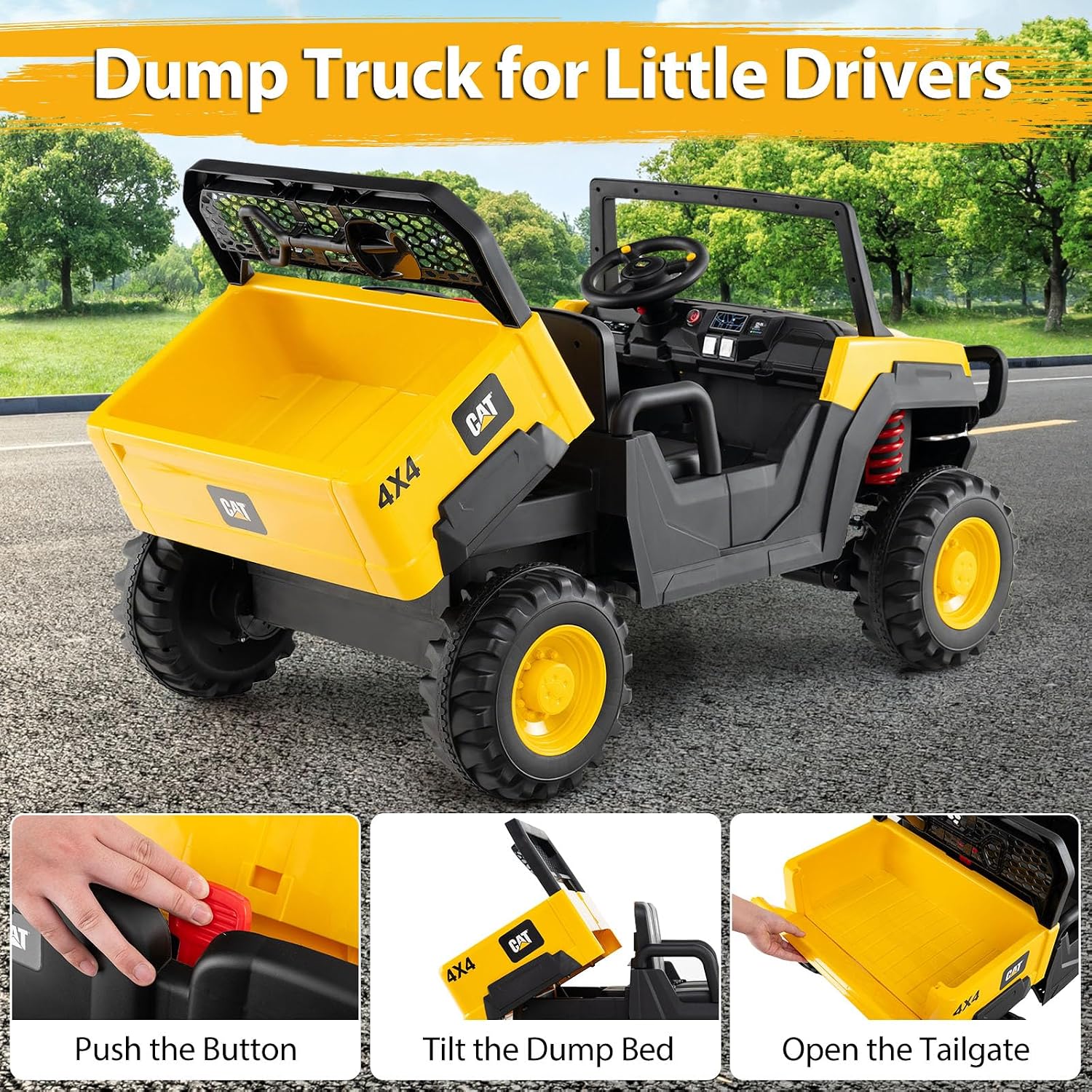 Licensed Caterpillar Ride On 4WD Dump Truck, 24V 2-Seater Kids Electric Vehicle with Remote Control, 4 x 100W Motors, Soft Start & Spring Suspension, Kids UTV with Dump Bed for 3+ Years Old