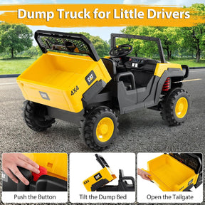 Licensed Caterpillar Ride On 4WD Dump Truck, 24V 2-Seater Kids Electric Vehicle with Remote Control, 4 x 100W Motors, Soft Start & Spring Suspension, Kids UTV with Dump Bed for 3+ Years Old