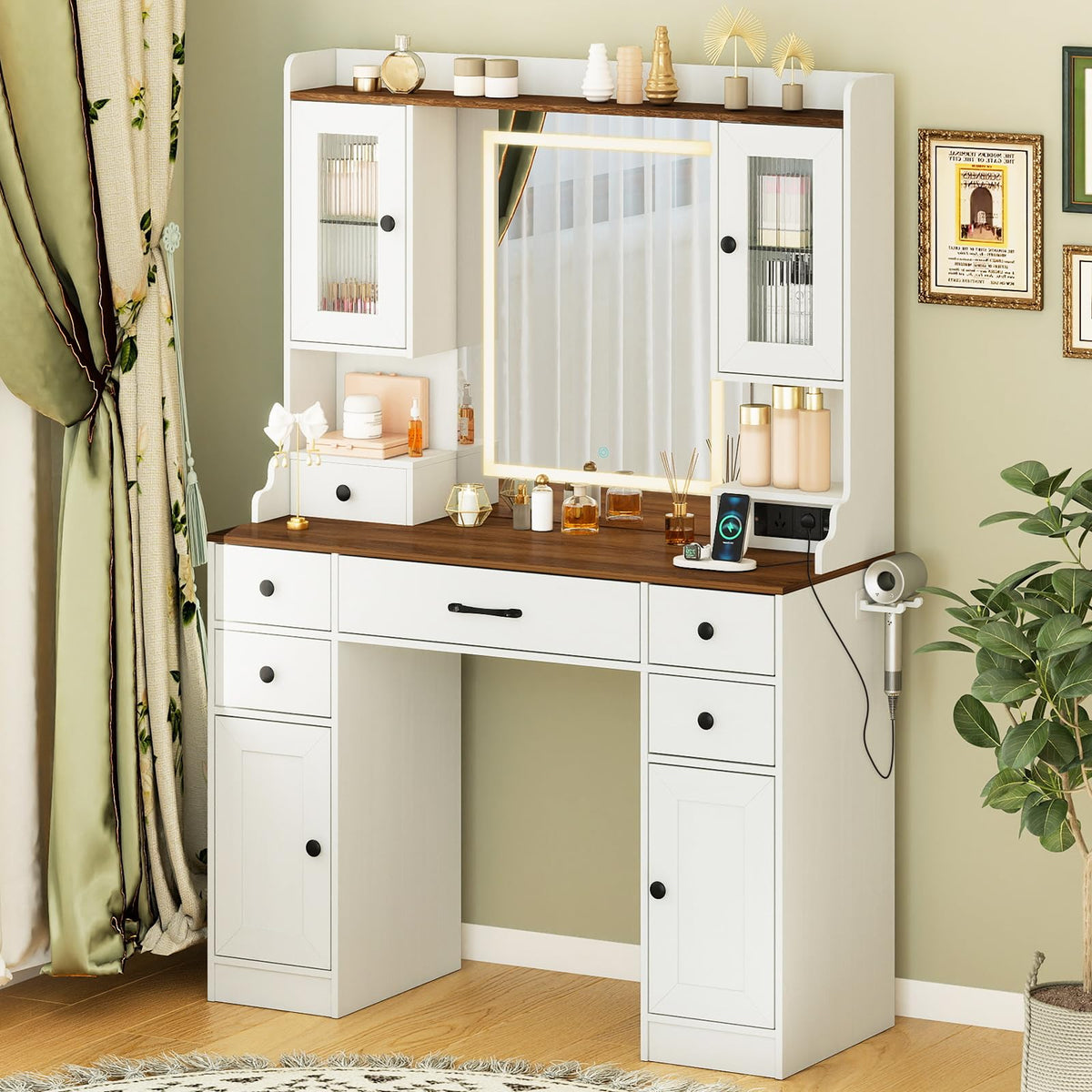 Vanity Desk with Mirror and Lights, Modern Dressing Table with Charging Station
