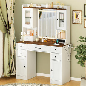 Vanity Desk with Mirror and Lights, Modern Dressing Table with Charging Station