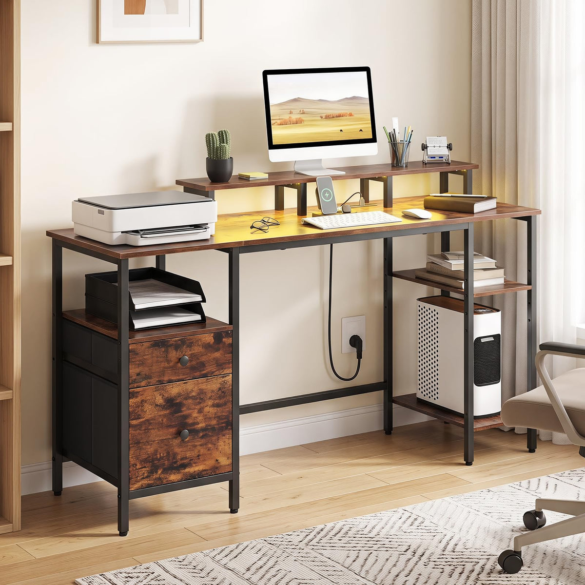 Reversible Office Desk with Charging Station and LED Light Strip