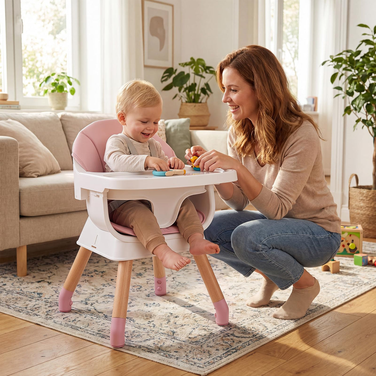 9-in-1 Convertible High Chair, Kids Table and Chair Set w/Solid Wood Legs, Removable Dishwasher-Safe Tray