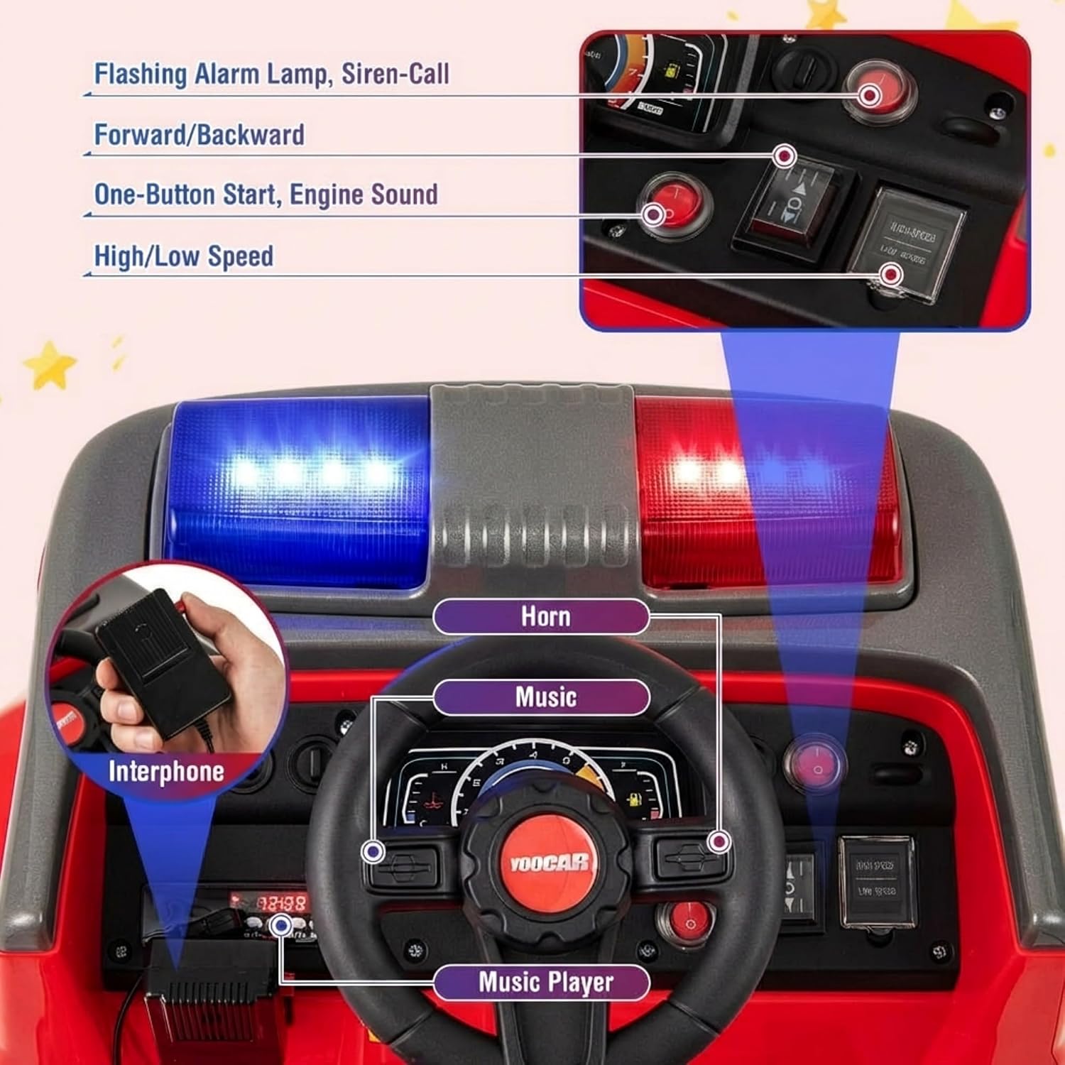 12V Ride on Fire Truck, Battery Powered Car Toy w/Parent Remote Control, Toddler Electric Fire Vehicle w/Water Gun & Tank, Interphone, Shovel, Wrench, Music, Alarm Lamp & Siren-Call for Boys & Girls