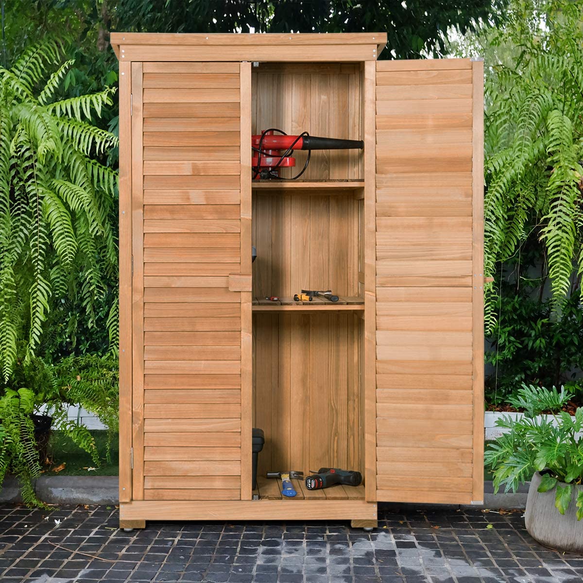 63" Outdoor Wooden Storage Shed Garden Tool Cabinet with Latch Detachable Shelves