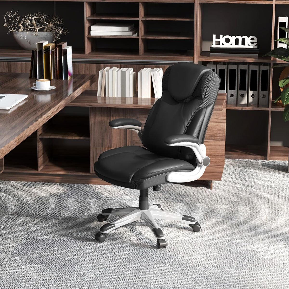 Executive Office Chair, PU Leather Ergonomic Desk Chair with Flip-up Armrests and Height Adjustable