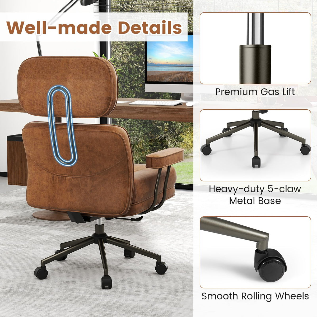 Ergonomic Home Office Chair, Mid Century Modern Suede Fabric Computer Desk Chair w/ Wide Tufted Seat