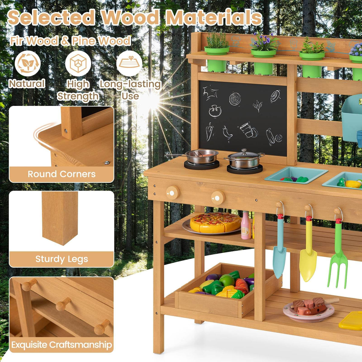 Mud Kitchen for Kids, Toddler Wooden Pretend Play Kitchen Playset with Faucet