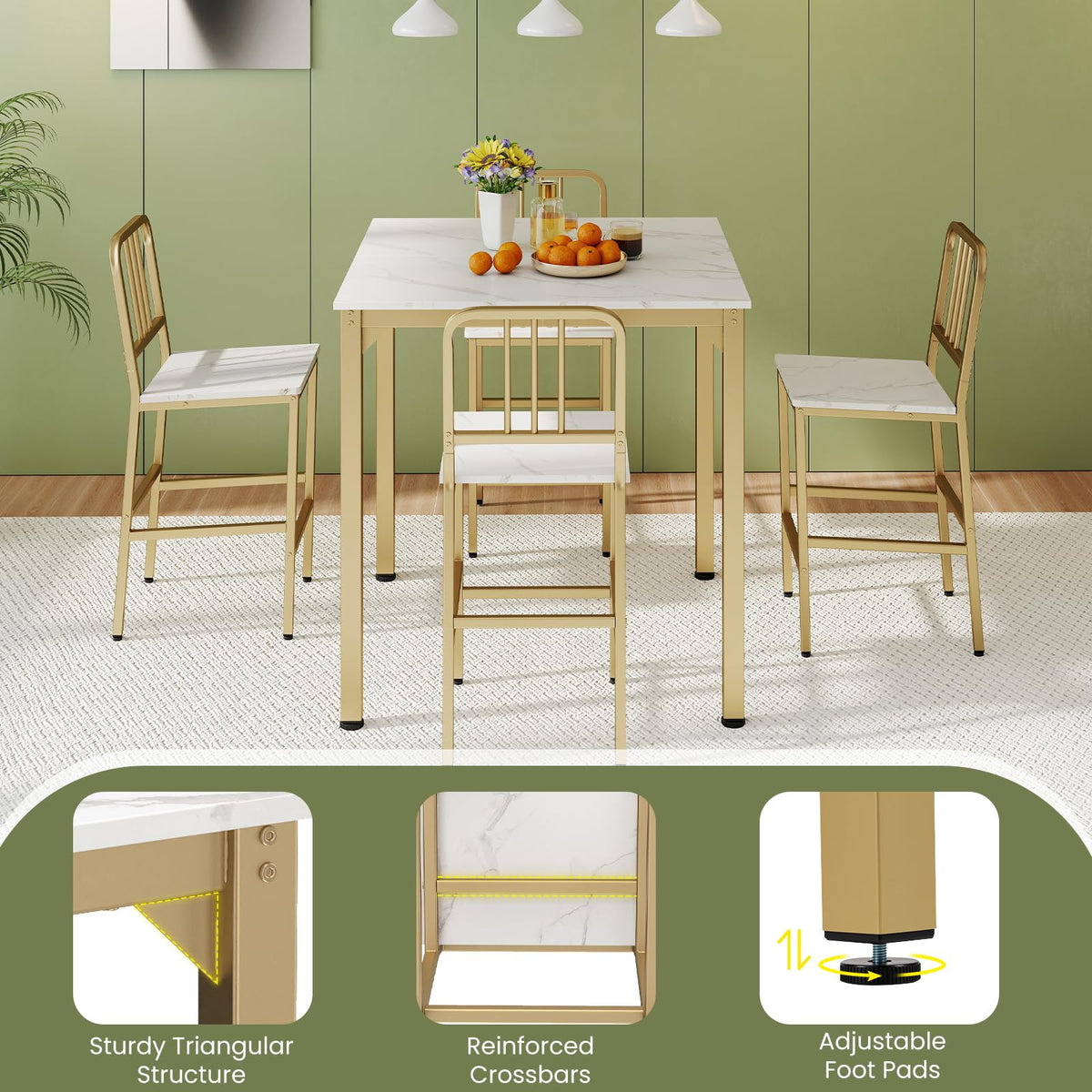Counter Height Dining Table Set for 4, 5-Piece Kitchen Bar Table and Chairs Set with Faux Marble Surface
