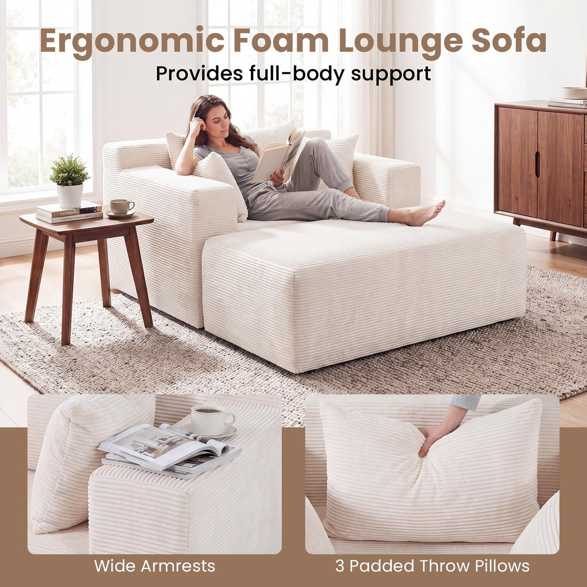 Single Foam Sofa with Ottoman, Boneless Floor Lounge Chair with Pillows for Small Spaces