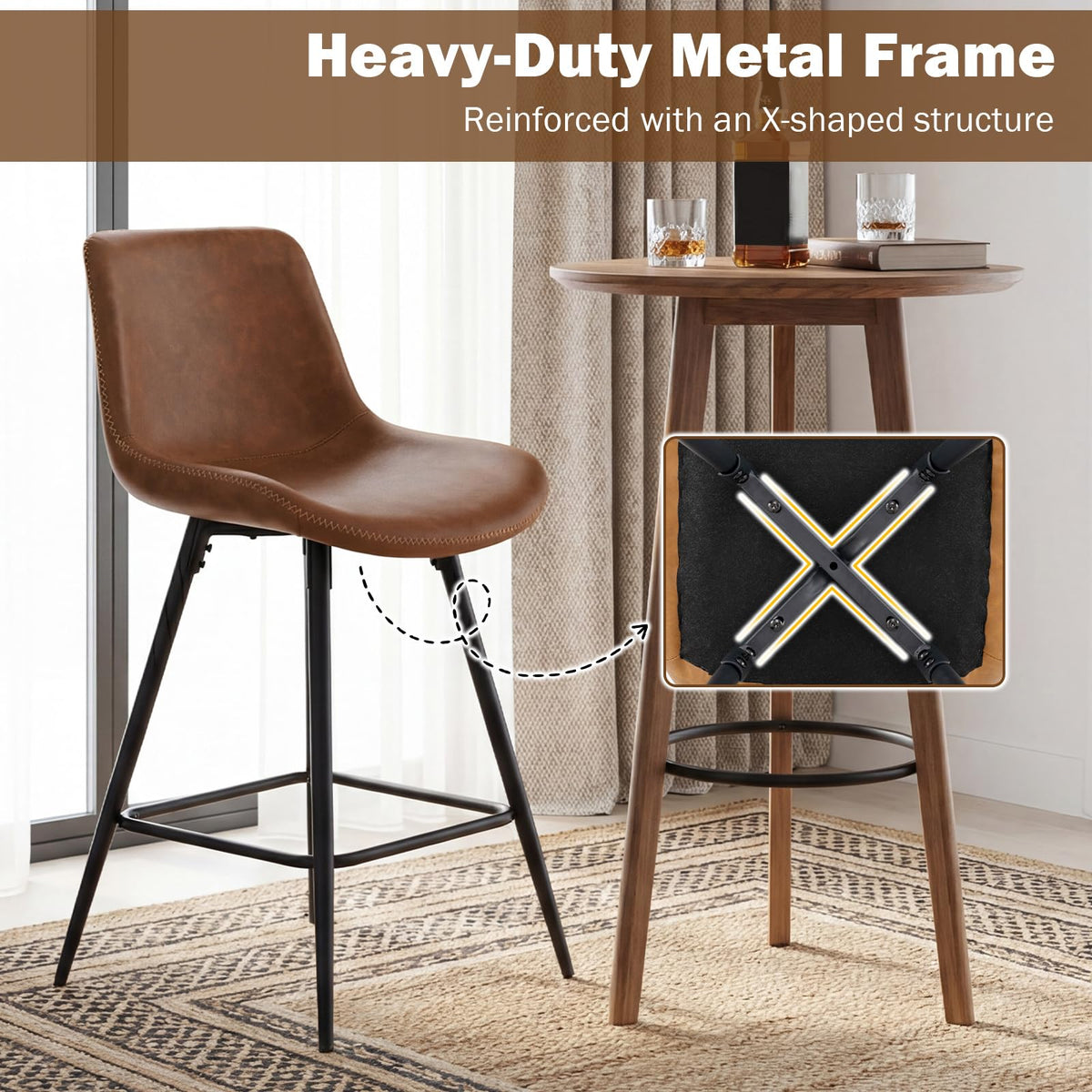 Counter Height Bar Stools Set of 2, 61 CM Bar Chairs with Backs and Footrests