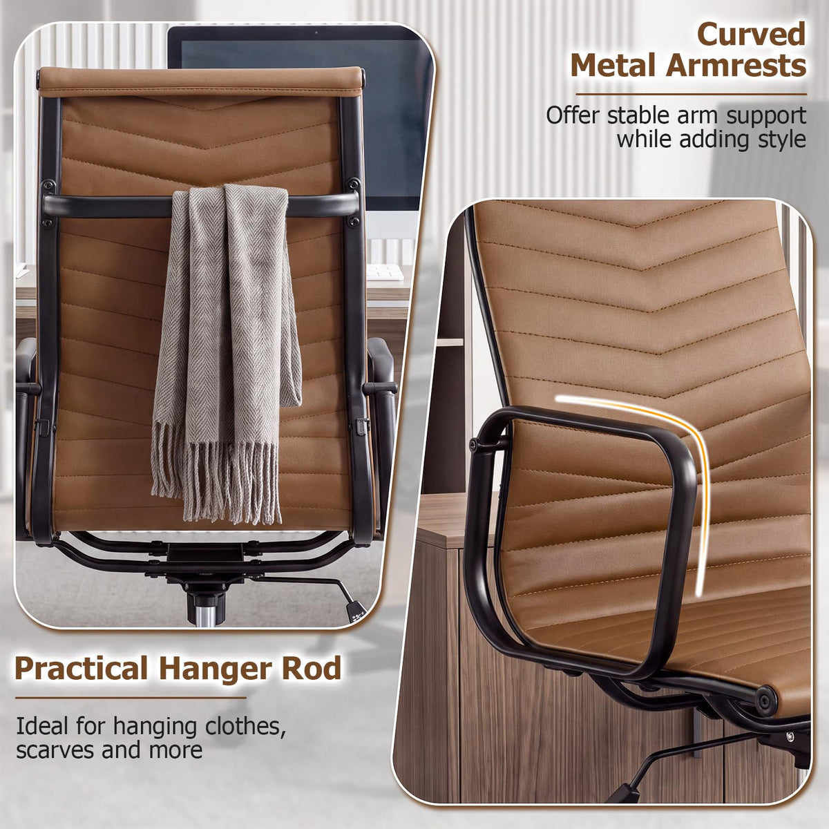 Ribbed Office Chair High Back PU Leather for Home Office, Black/Brown