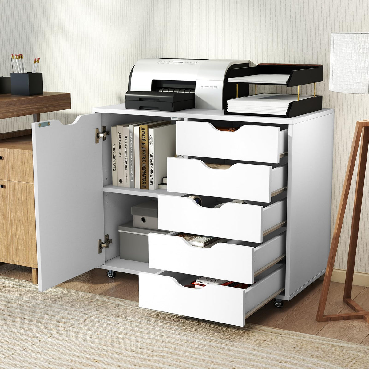 5-Drawer Chest with Door, Mobile File Cabinet with 5 Casters & Adjustable Shelf, Rolling Chest of Drawers Printer Stand