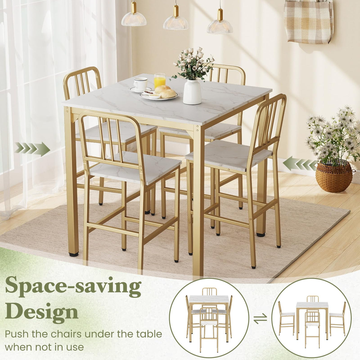 Counter Height Dining Table Set for 4, 5-Piece Kitchen Bar Table and Chairs Set with Faux Marble Surface