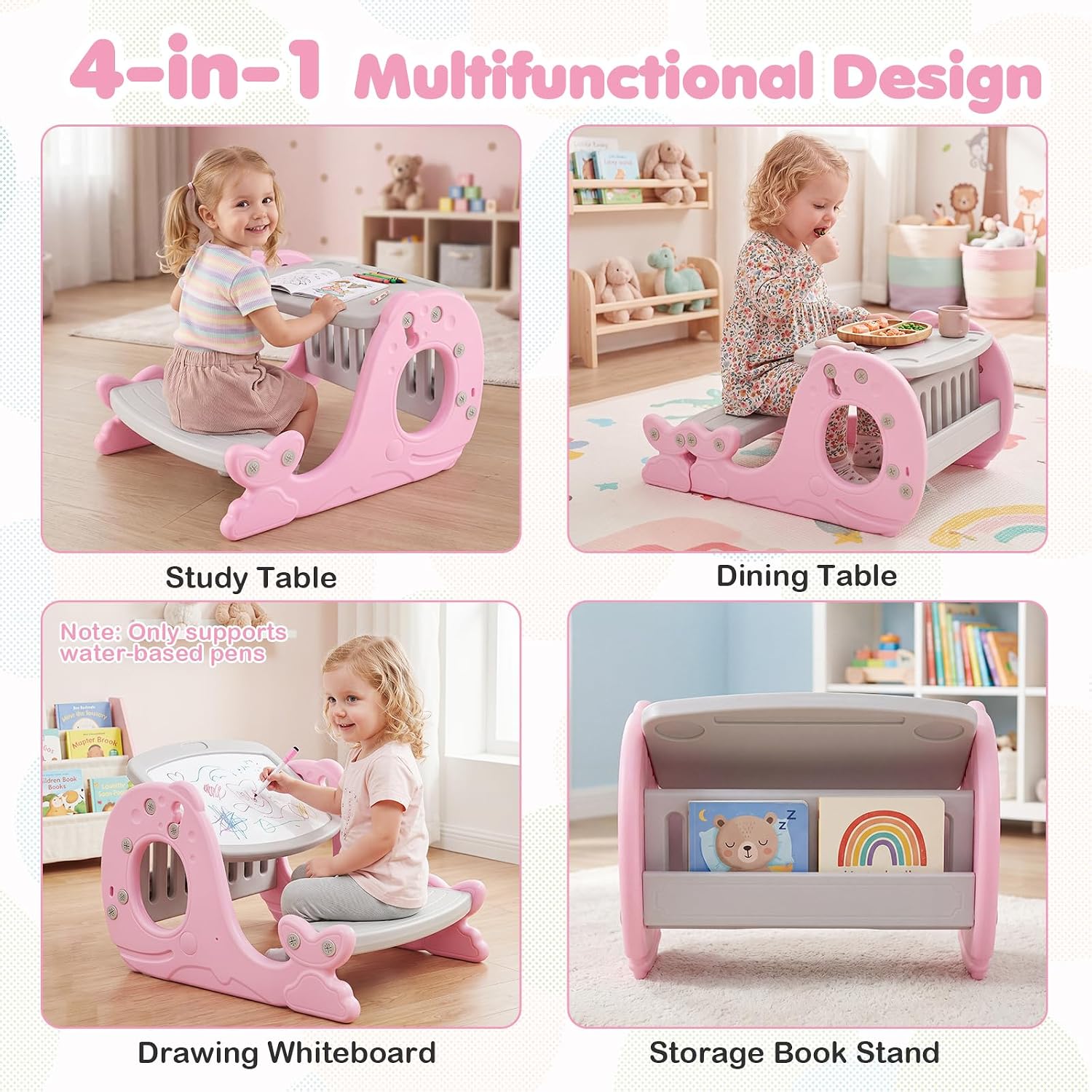 Convertible Kids Activity Table Set, Multi-Functional Angle-Adjustable Toddler Easel w/Erasable Whiteboard