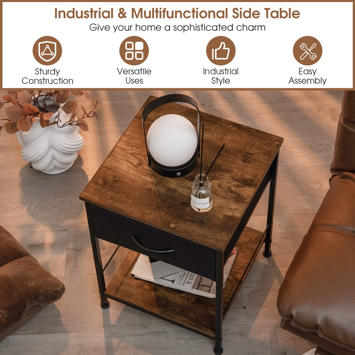 2 Tiers Nightstand for Bedroom, Compact Industrial Style Sofa Side & Bedside Table