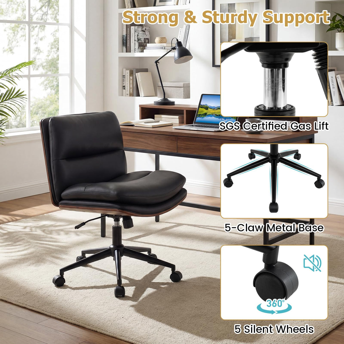 Vanity Office Chair with Wheels, Height Adjustable Swivel Task Chair w/ Curved Backrest & Padded Seat