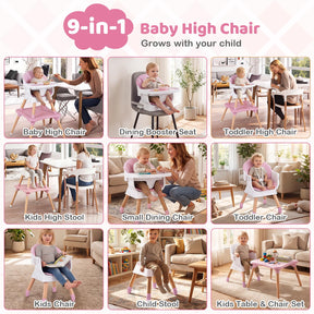 9-in-1 Convertible High Chair, Kids Table and Chair Set w/Solid Wood Legs, Removable Dishwasher-Safe Tray