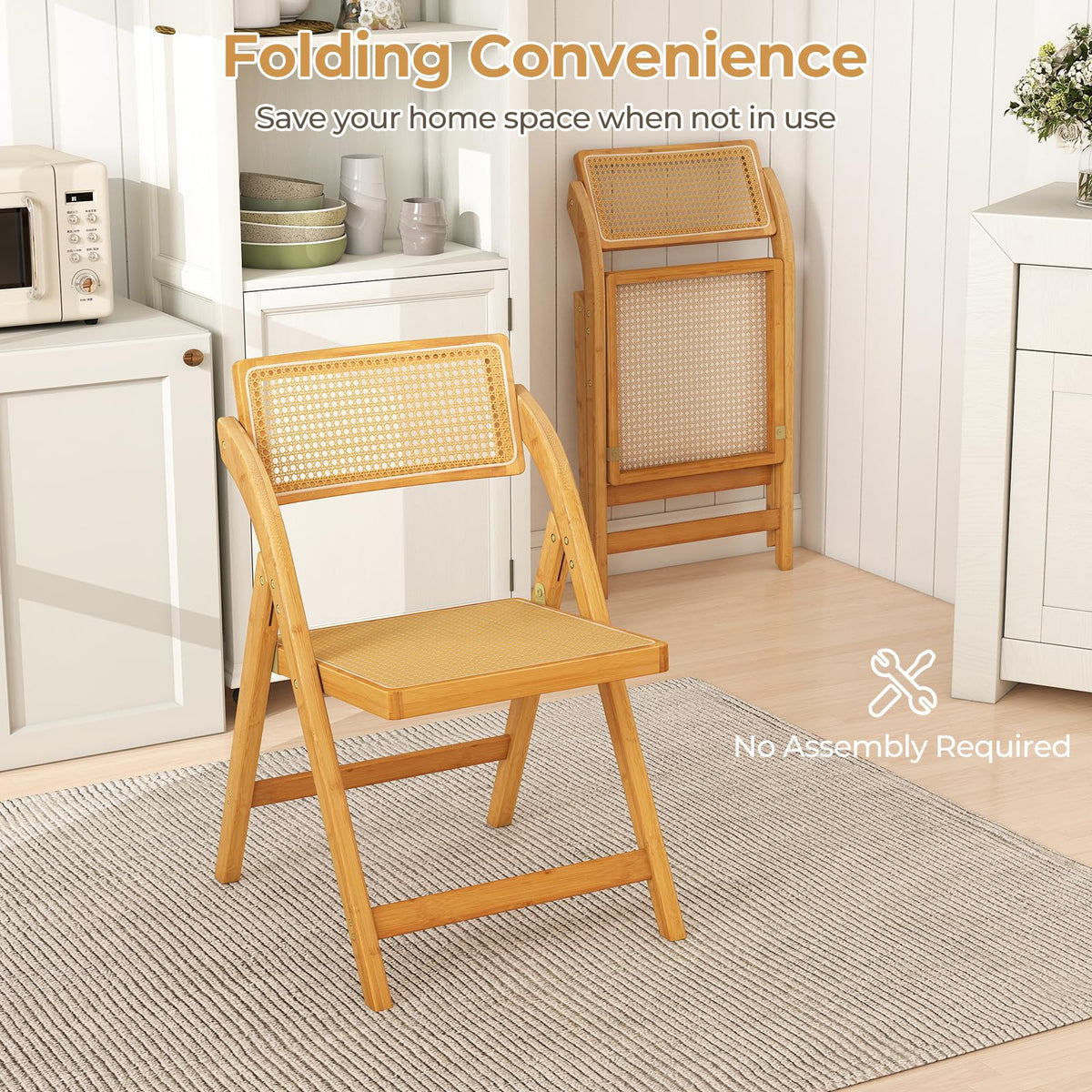 Rattan Cane Folding Chairs Set of 2, Bamboo Dining Chairs, Kitchen Side Chairs with Rotatable Backrests