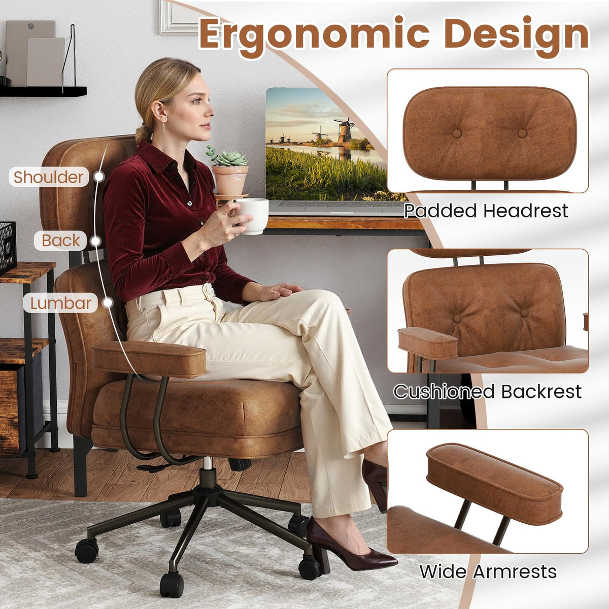Ergonomic Home Office Chair, Mid Century Modern Suede Fabric Computer Desk Chair w/ Wide Tufted Seat