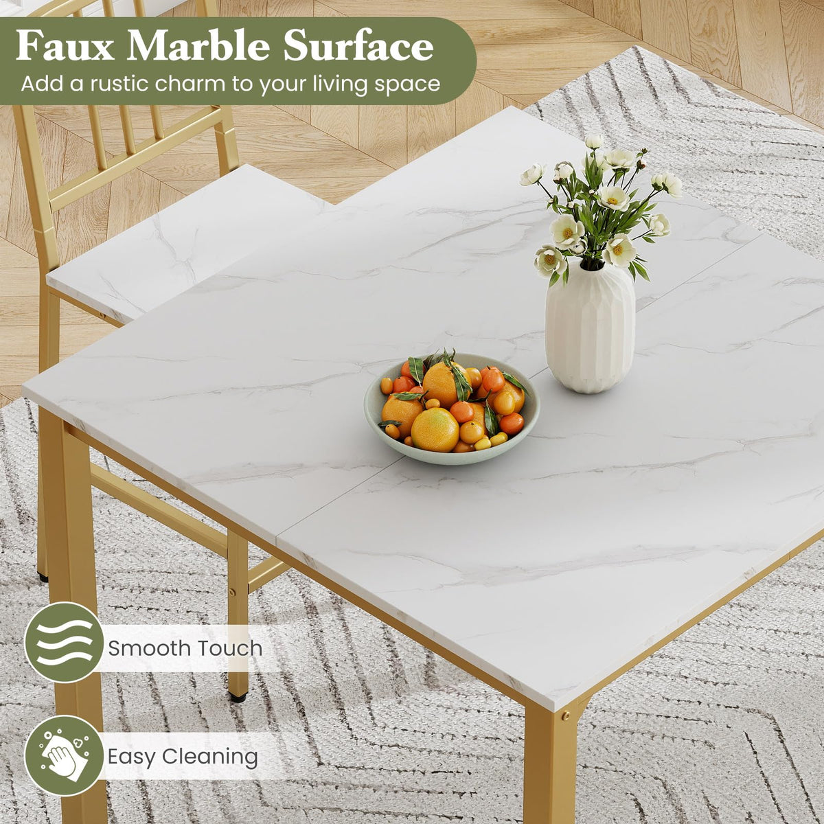 Counter Height Dining Table Set for 4, 5-Piece Kitchen Bar Table and Chairs Set with Faux Marble Surface