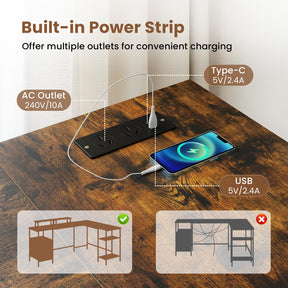 L-shaped Desk with Power Outlets, Reversible Corner Desk with Monitor Stand