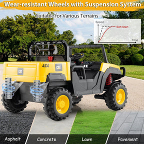 Licensed Caterpillar Ride On 4WD Dump Truck, 24V 2-Seater Kids Electric Vehicle with Remote Control, 4 x 100W Motors, Soft Start & Spring Suspension, Kids UTV with Dump Bed for 3+ Years Old