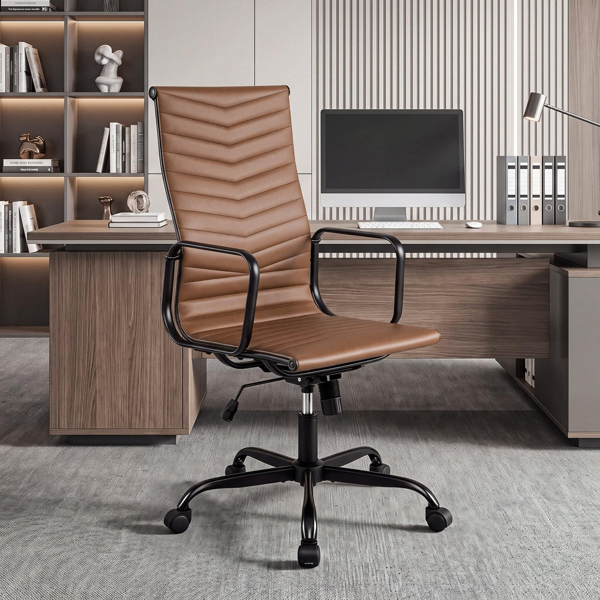 Ribbed Office Chair High Back PU Leather for Home Office, Black/Brown