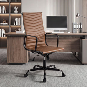 Ribbed Office Chair High Back PU Leather for Home Office, Black/Brown