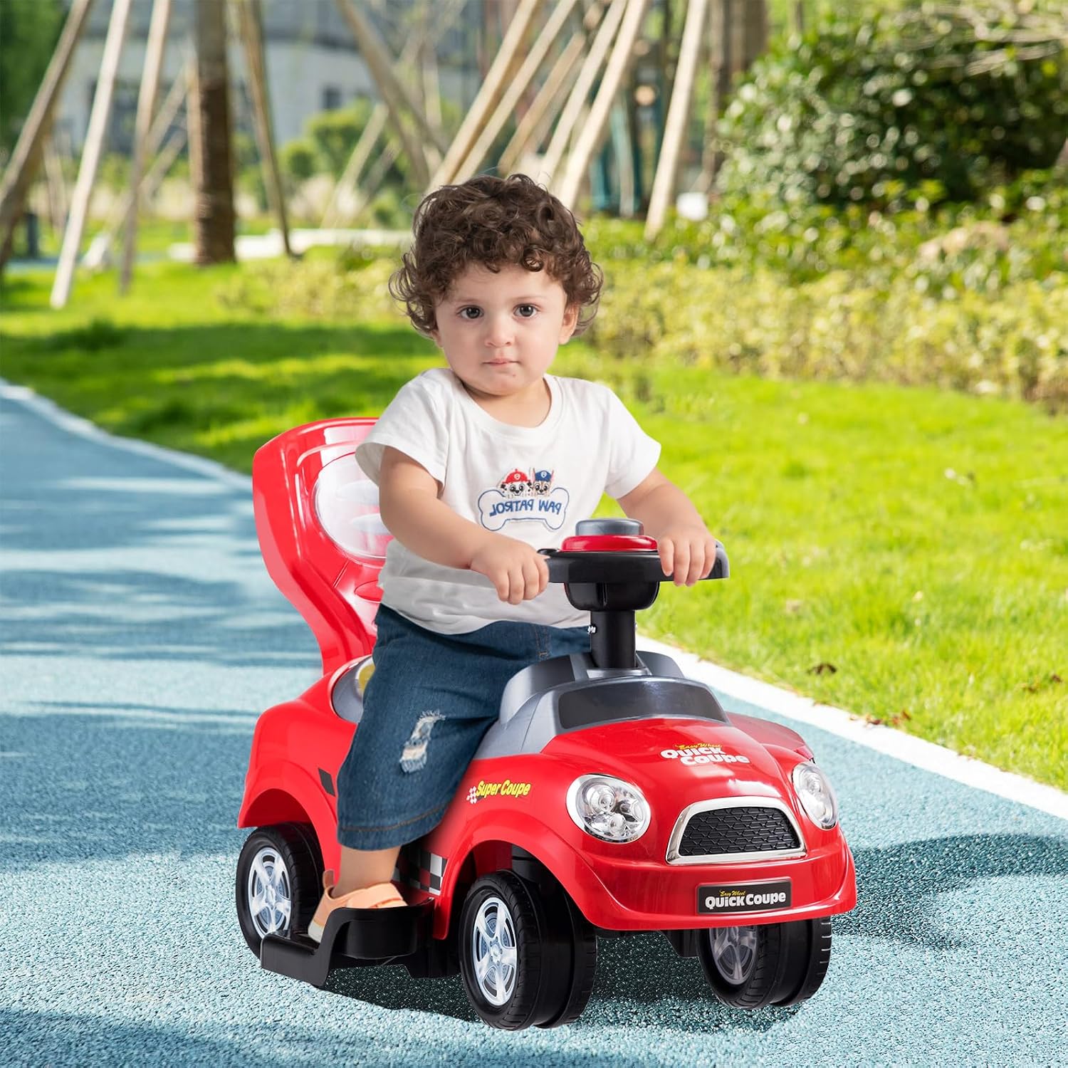 3-in-1 Ride On Push Car, Foot-to-Floor Toddler Walking Car w/Detachable Guardrails & Handle, Interesting Horn, Hidden Storage Space & Anti-Back-Tipping Design, Sliding Car for 2-6 Years