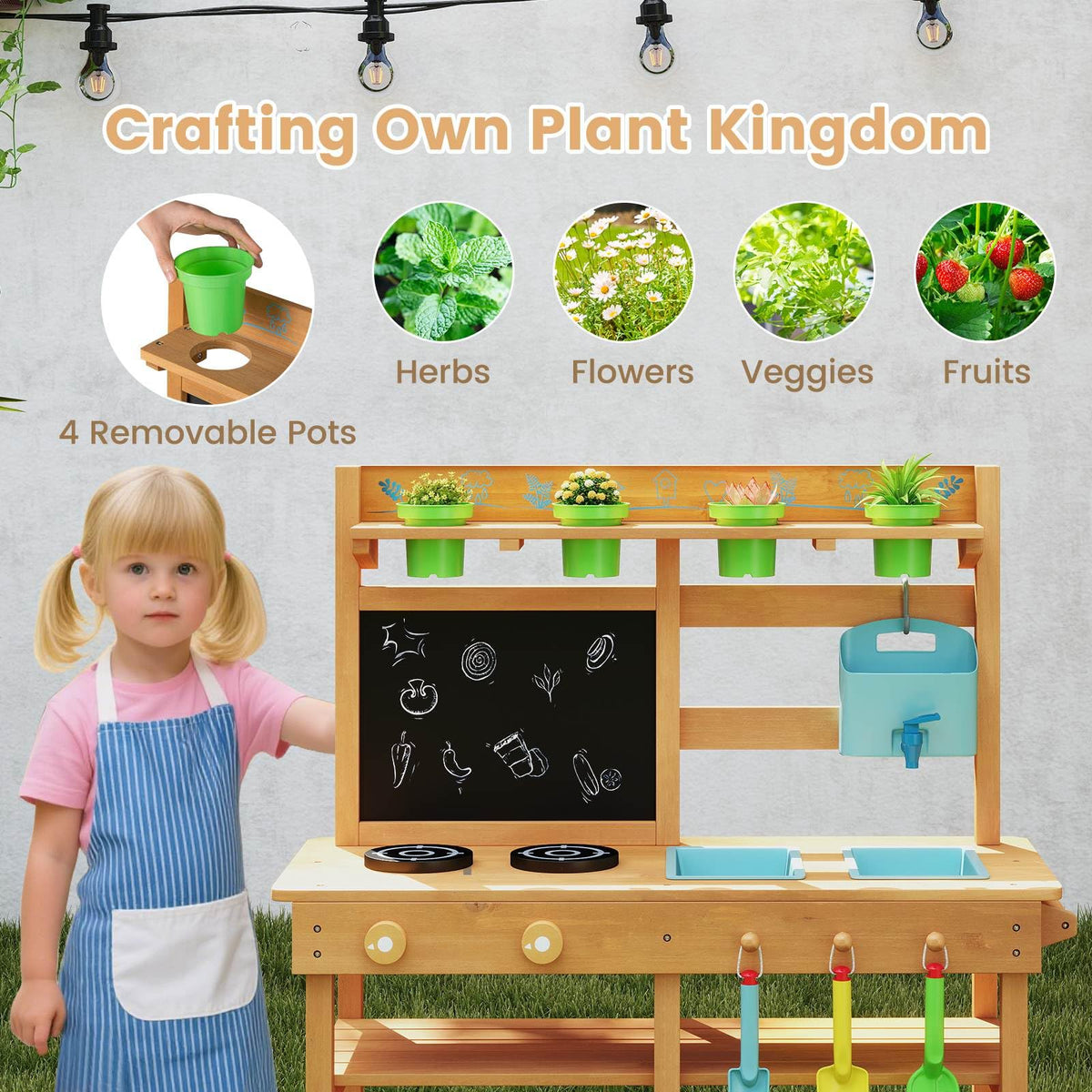 Mud Kitchen for Kids, Toddler Wooden Pretend Play Kitchen Playset with Faucet